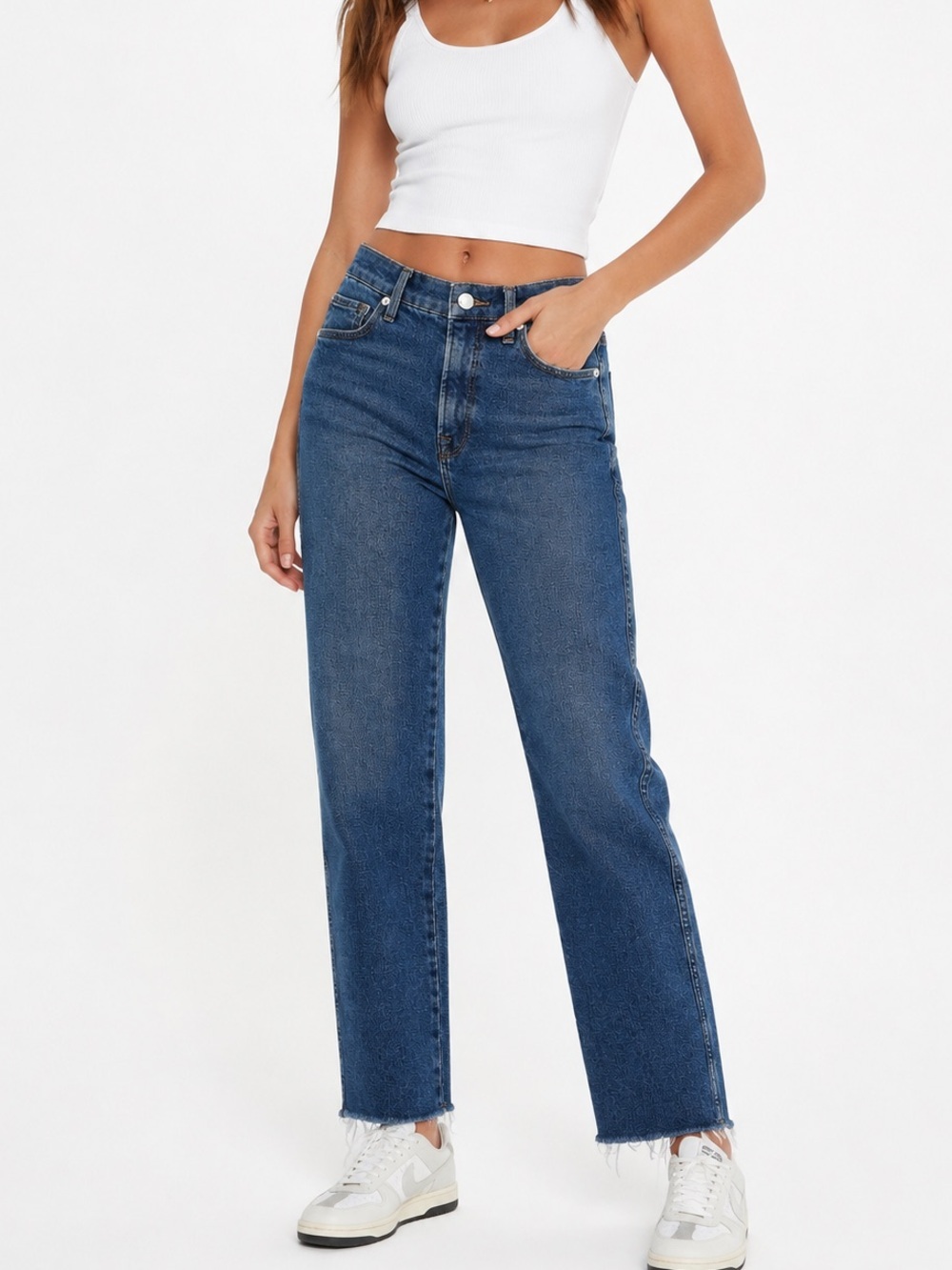 Good American Good Curve Raw Hem Straight Jeans Women 2/26 Blue